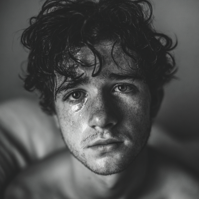A grayscale photo of a teary-eyed man | Source: Midjourney