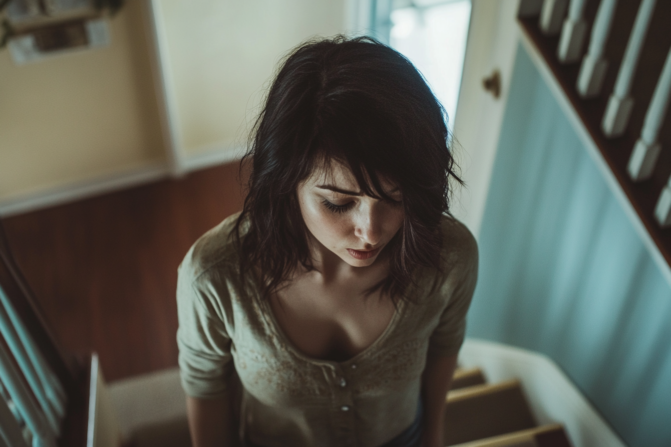 A woman walking up a staircase | Source: Midjourney