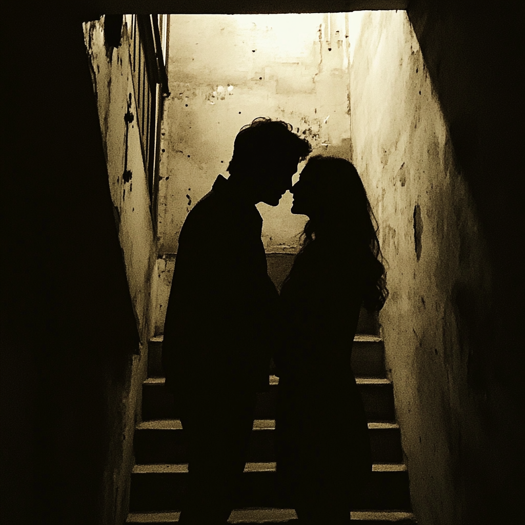A silhouette of a couple in a basement | Source: Midjourney