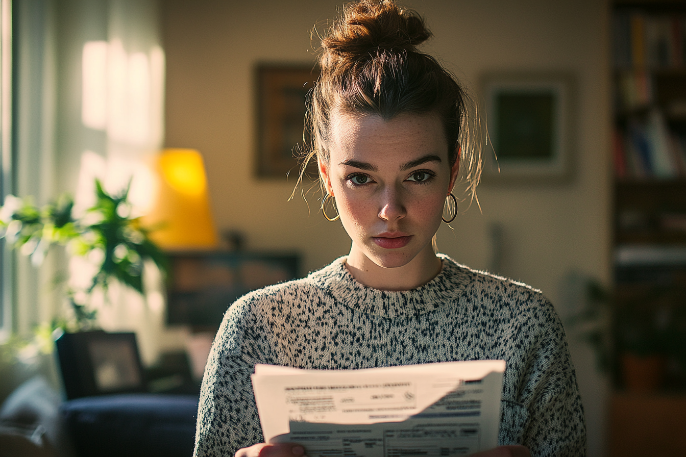 Woman in her 30s with a tight face holding a check in her living room | Source: Midjourney