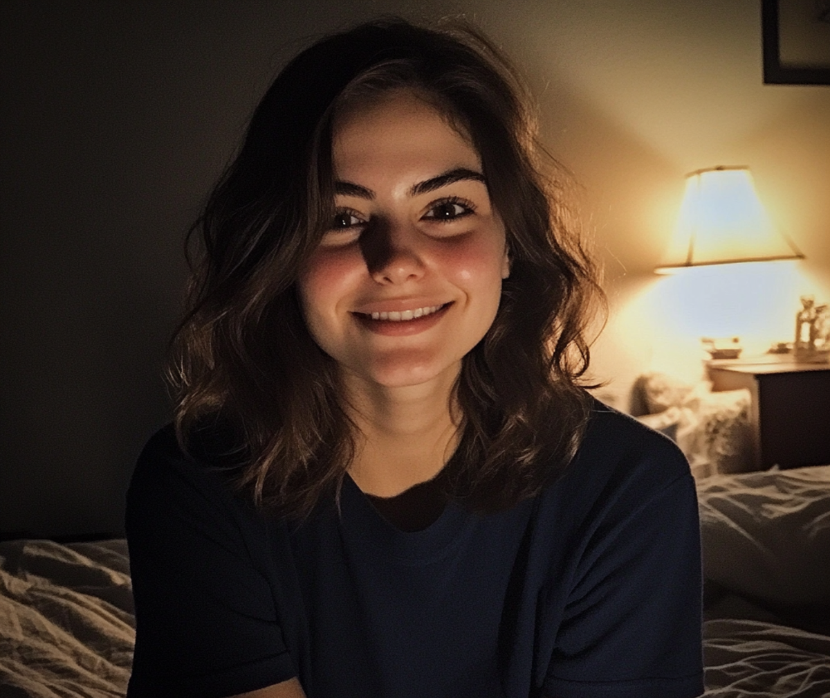 A young woman sitting on her bed and smiling | Source: Midjourney