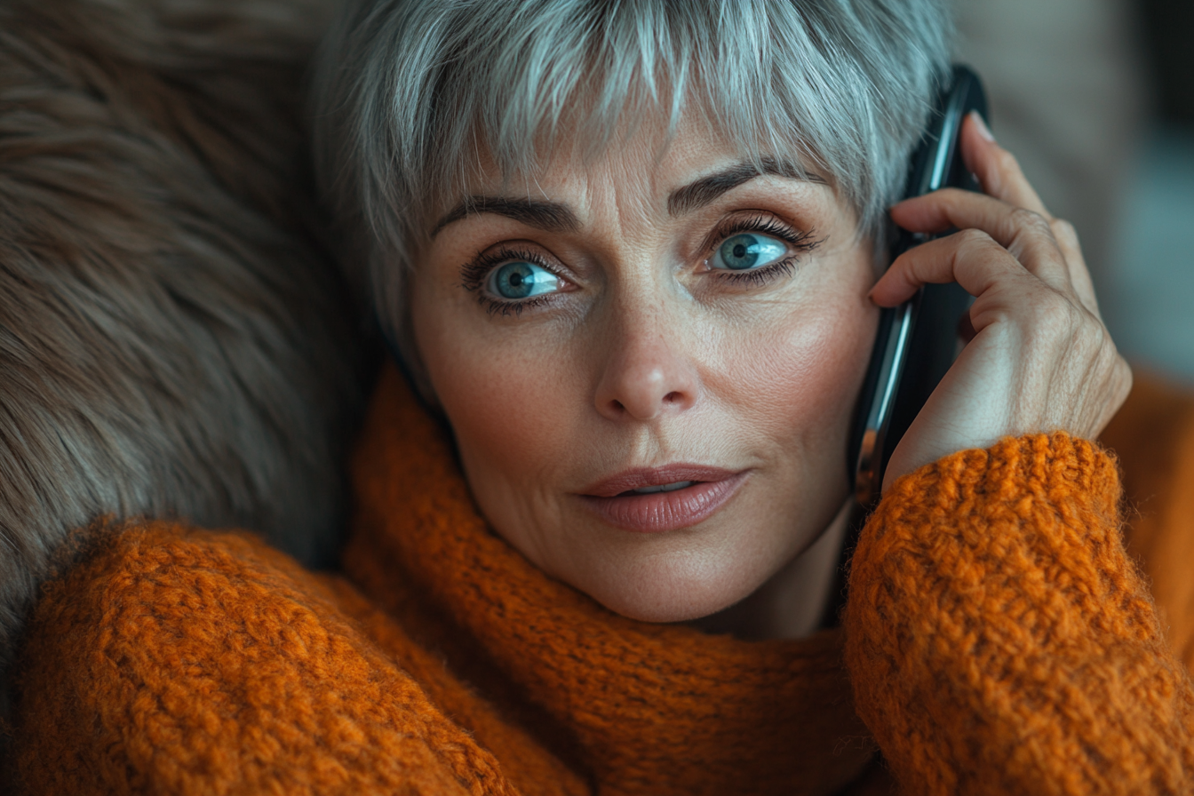 A woman on the phone with surprised eyes | Source: Midjourney