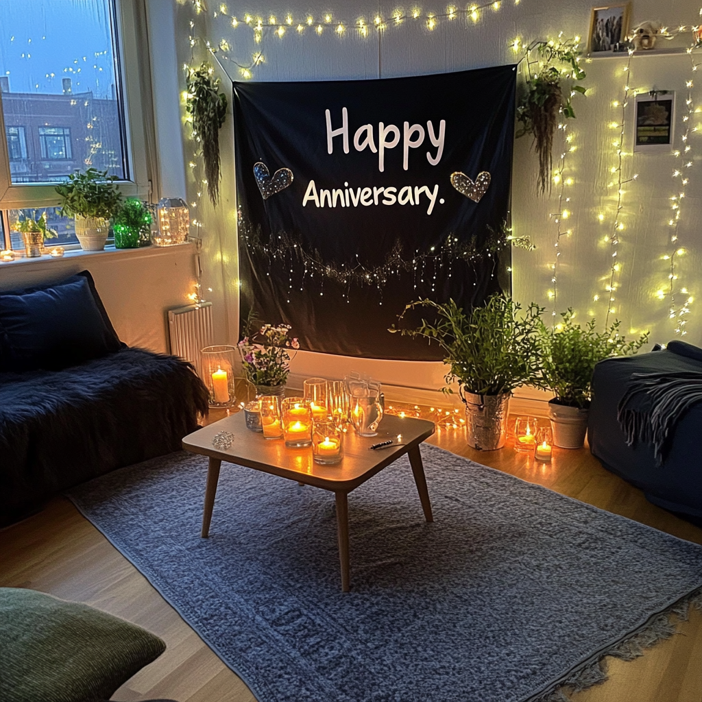 A cozy living room featuring a magnificent "Happy Anniversary" banner across the wall | Source: Midjourney