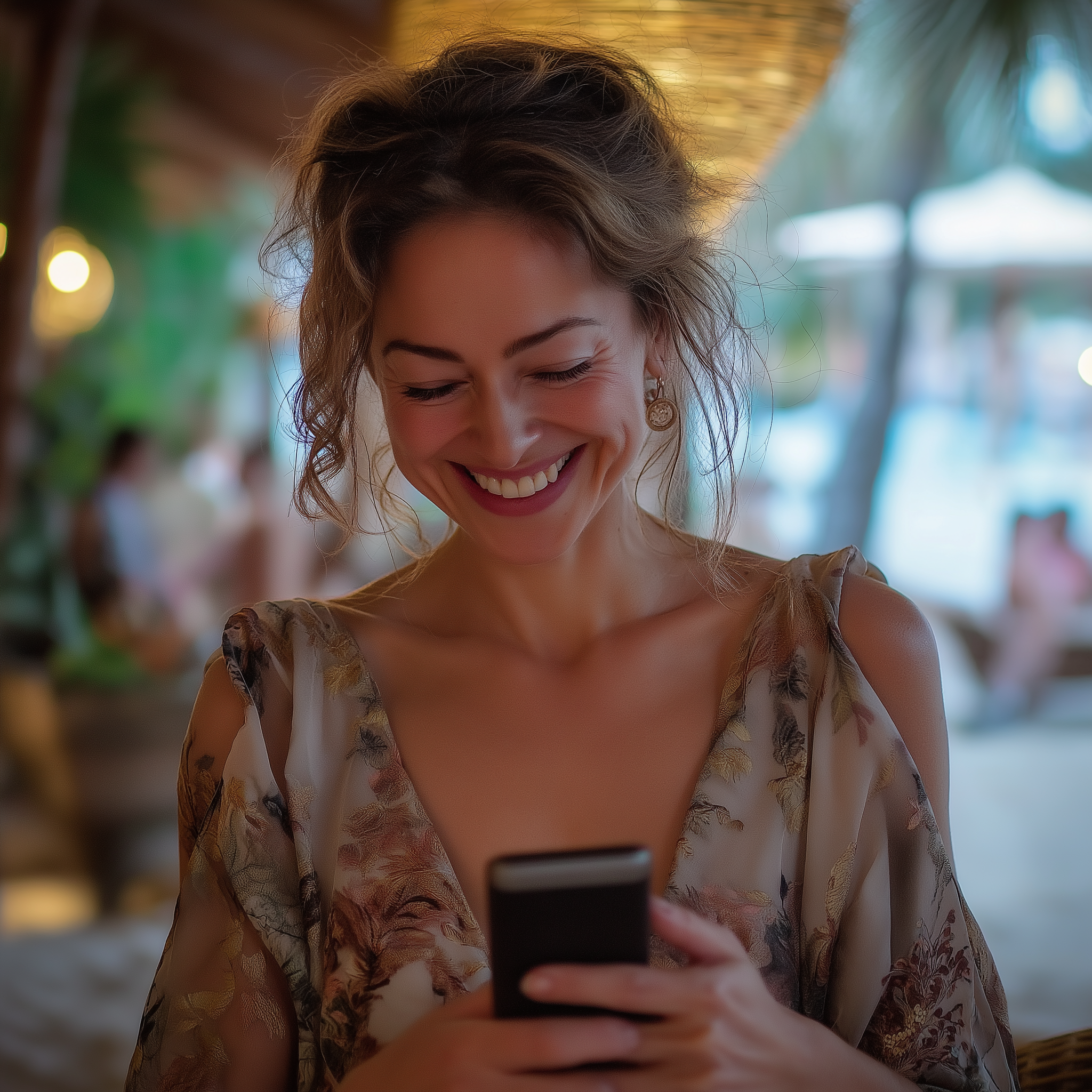 A woman smiles while looking at her phone | Source: Midjourney