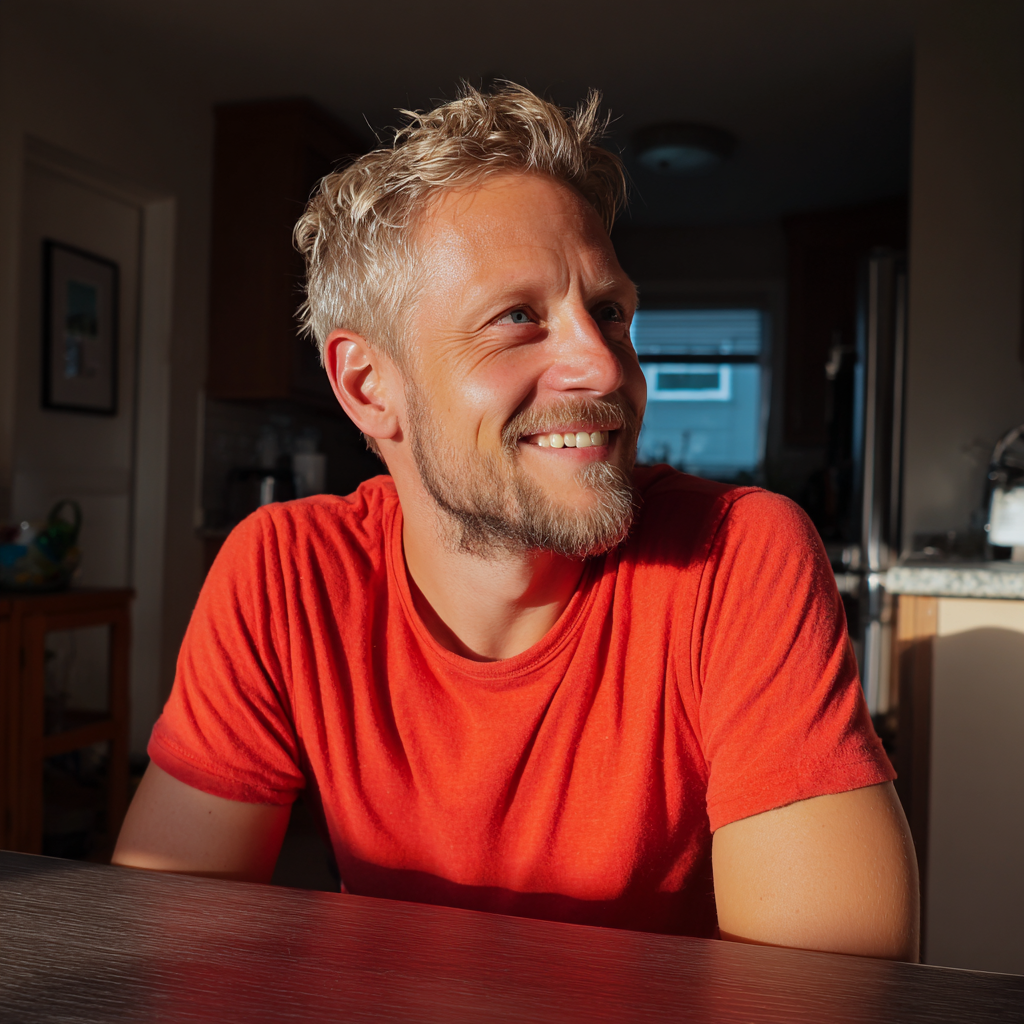 A smiling man sitting at a kitchen table | Source: Midjourney
