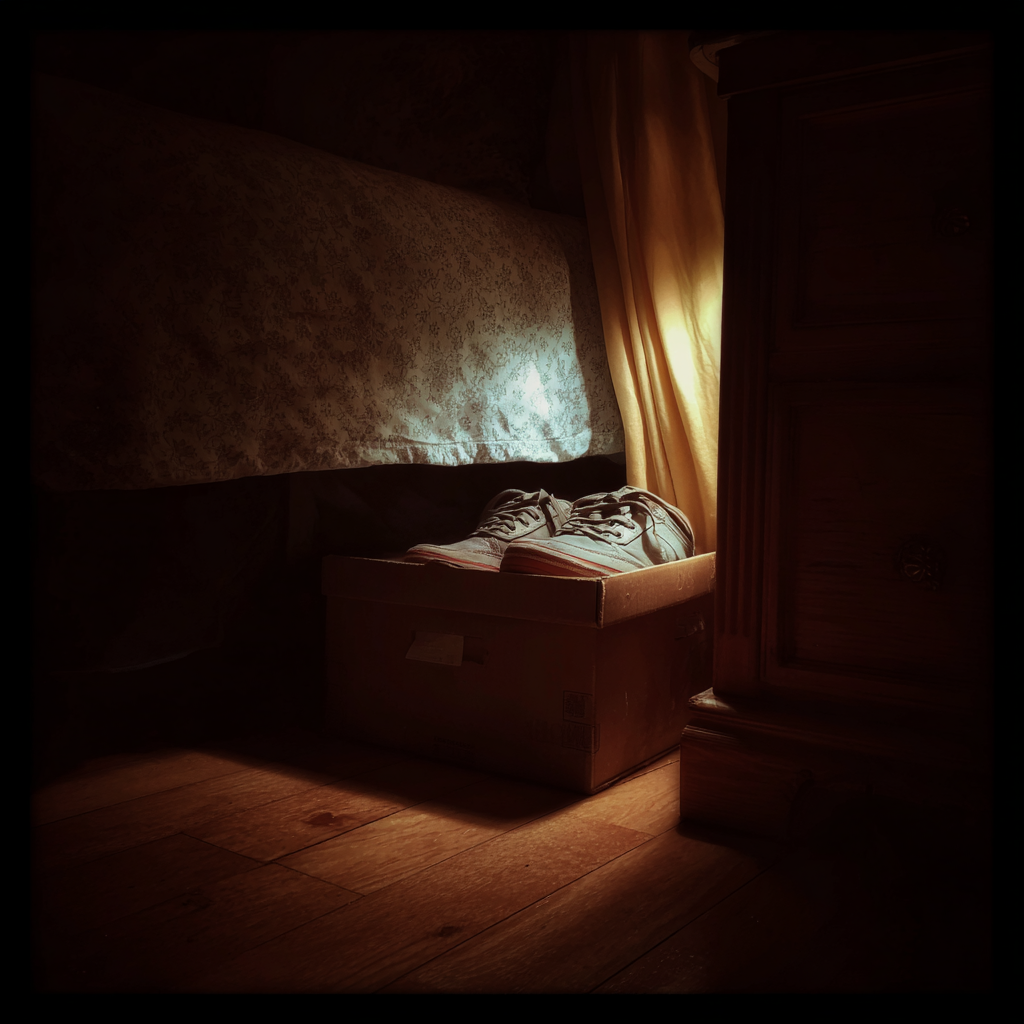 A shoebox next to a bed | Source: Midjourney