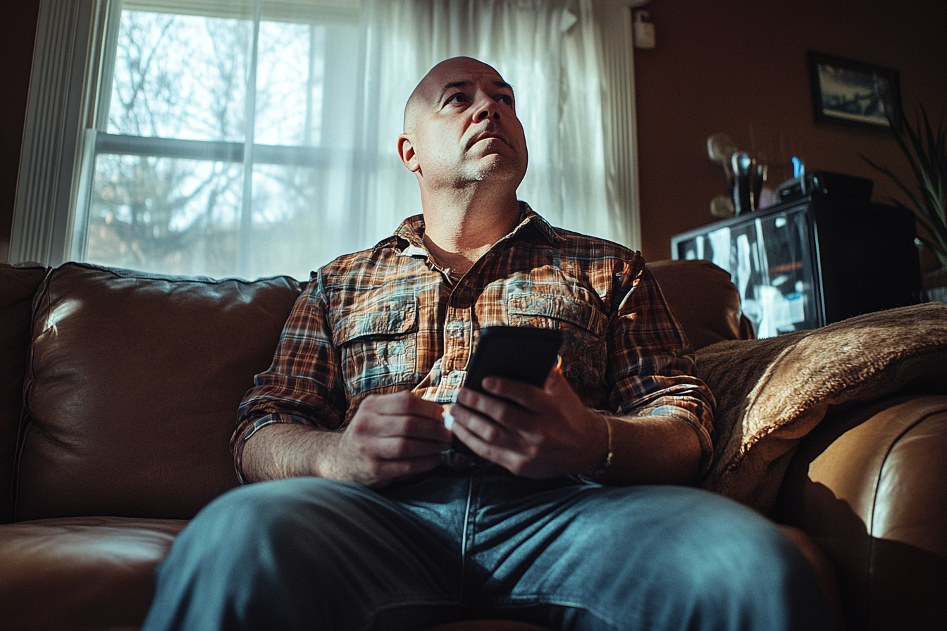 A man sitting on a sofa holding a phone and looking up | Source: Midjourney