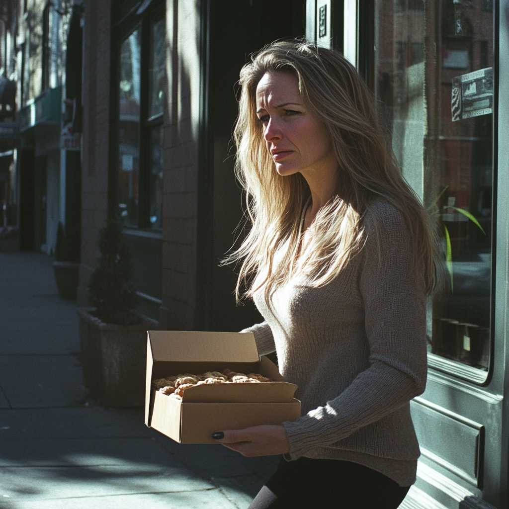 A woman with a box of cookies | Source: Midjourney