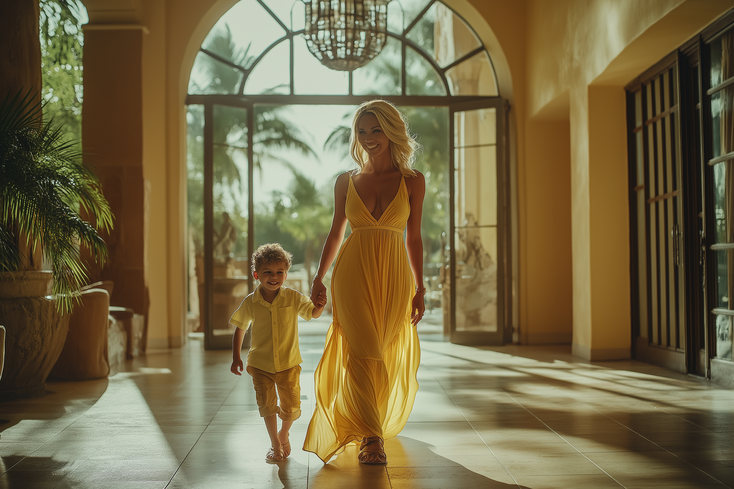 A woman and her son at a resort lobby | Source: Midjourney