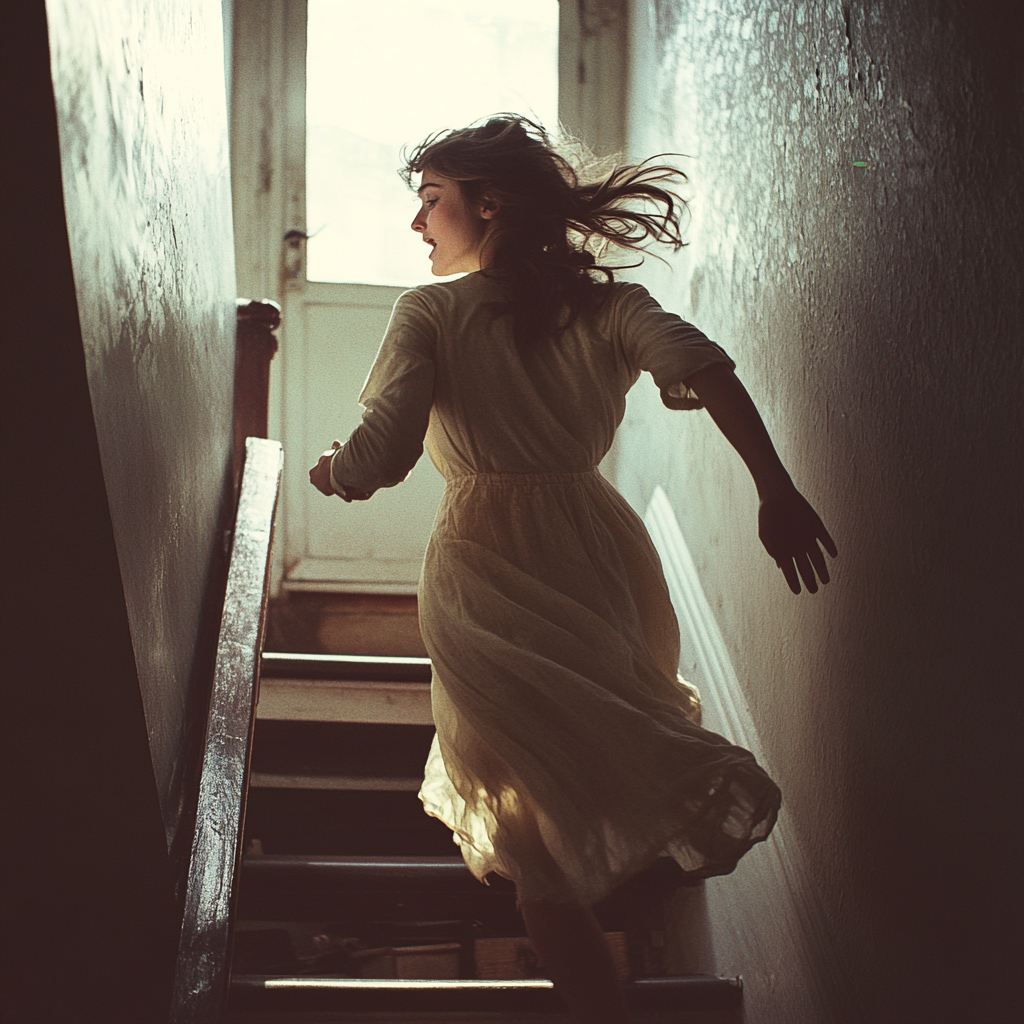 A woman running upstairs | Source: Midjourney