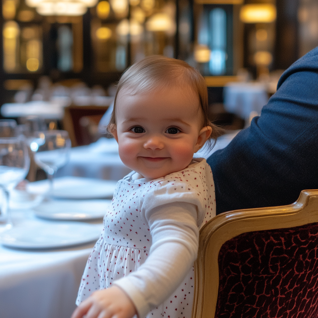 Toddler smiling while sitting in a restaurant | Source: Midjourney