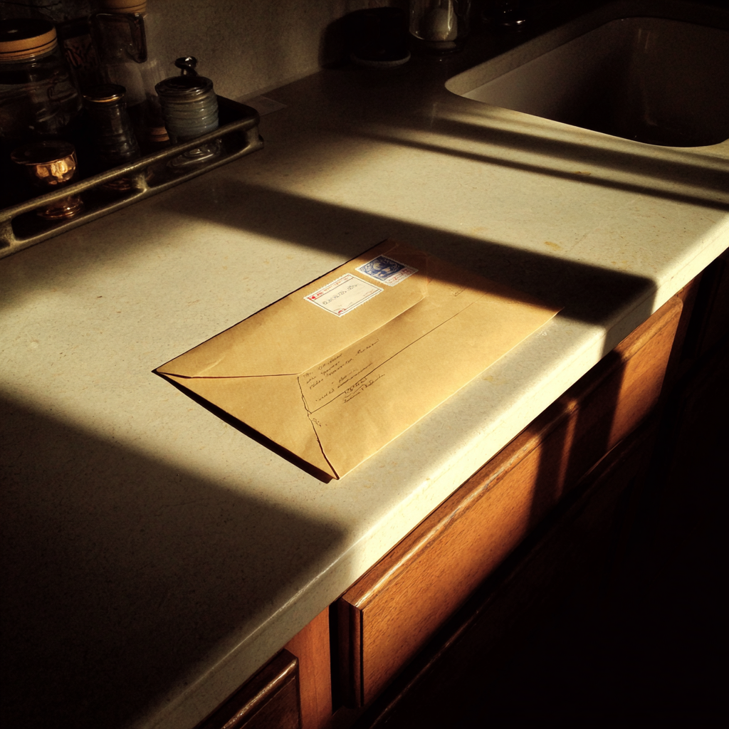 An envelope on a kitchen counter | Source: Midjourney
