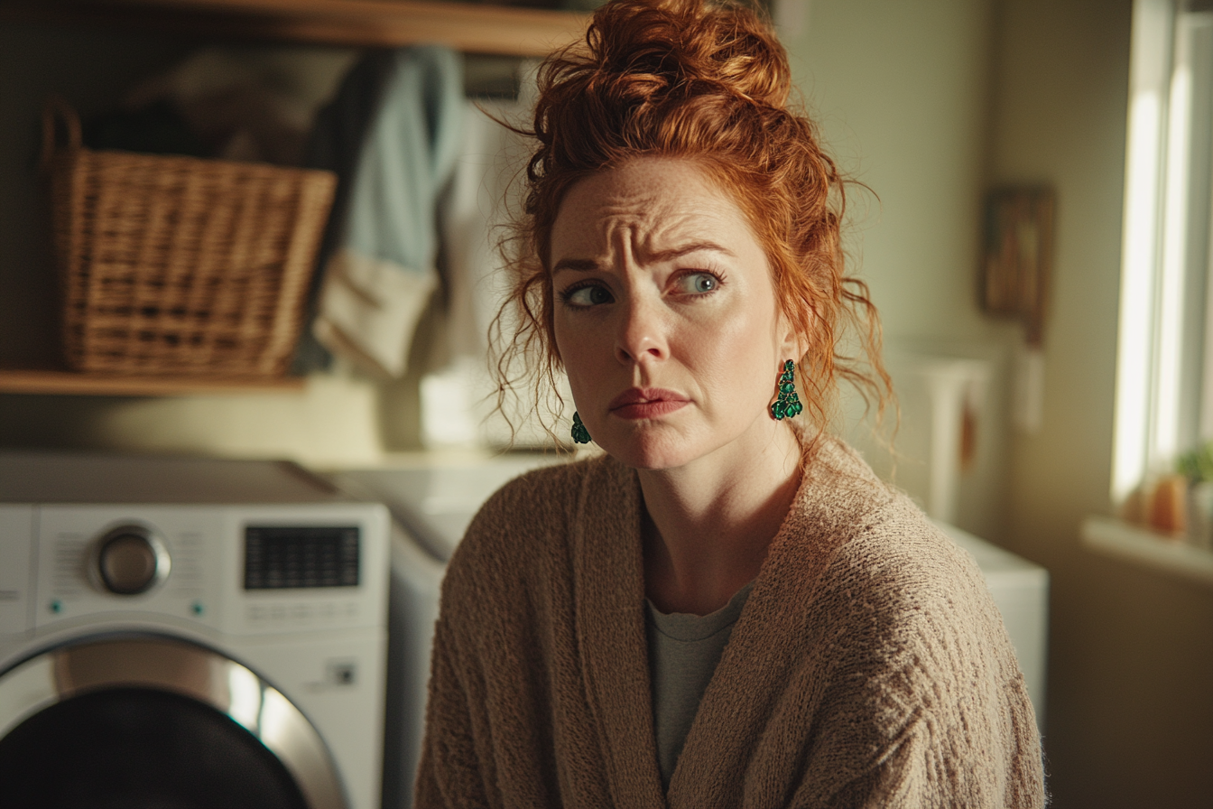 Worried woman in her 30s standing in a laundry room | Source: Midjourney