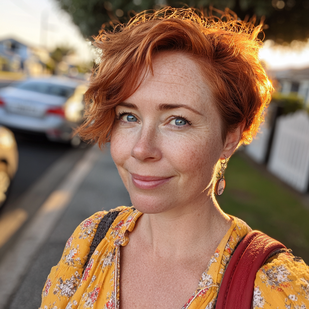 A smiling woman standing on a sidewalk | Source: Midjourney