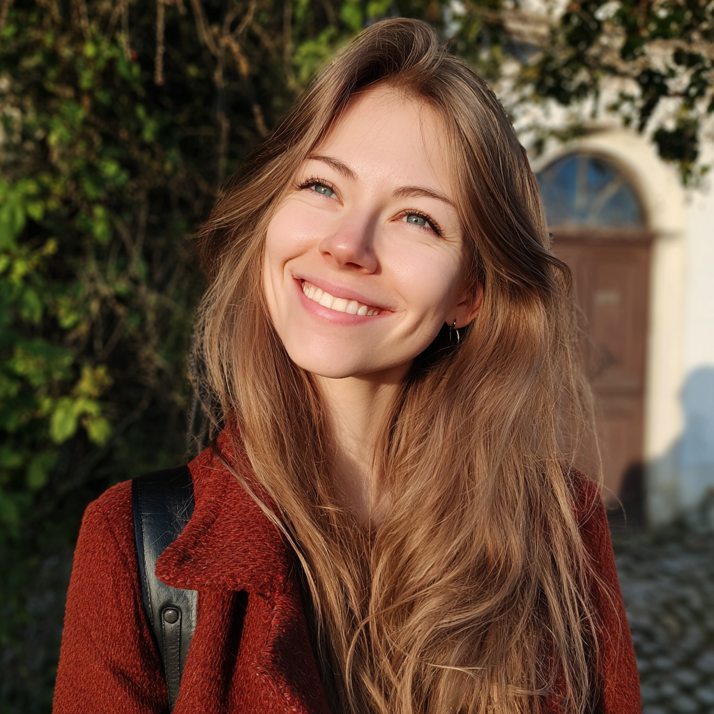 A smiling woman standing outside in a red coat | Source: Midjourney