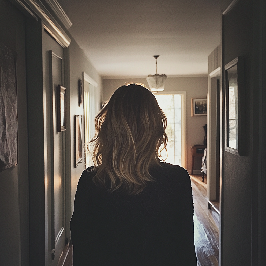 A woman walking down a hallway | Source: Midjourney