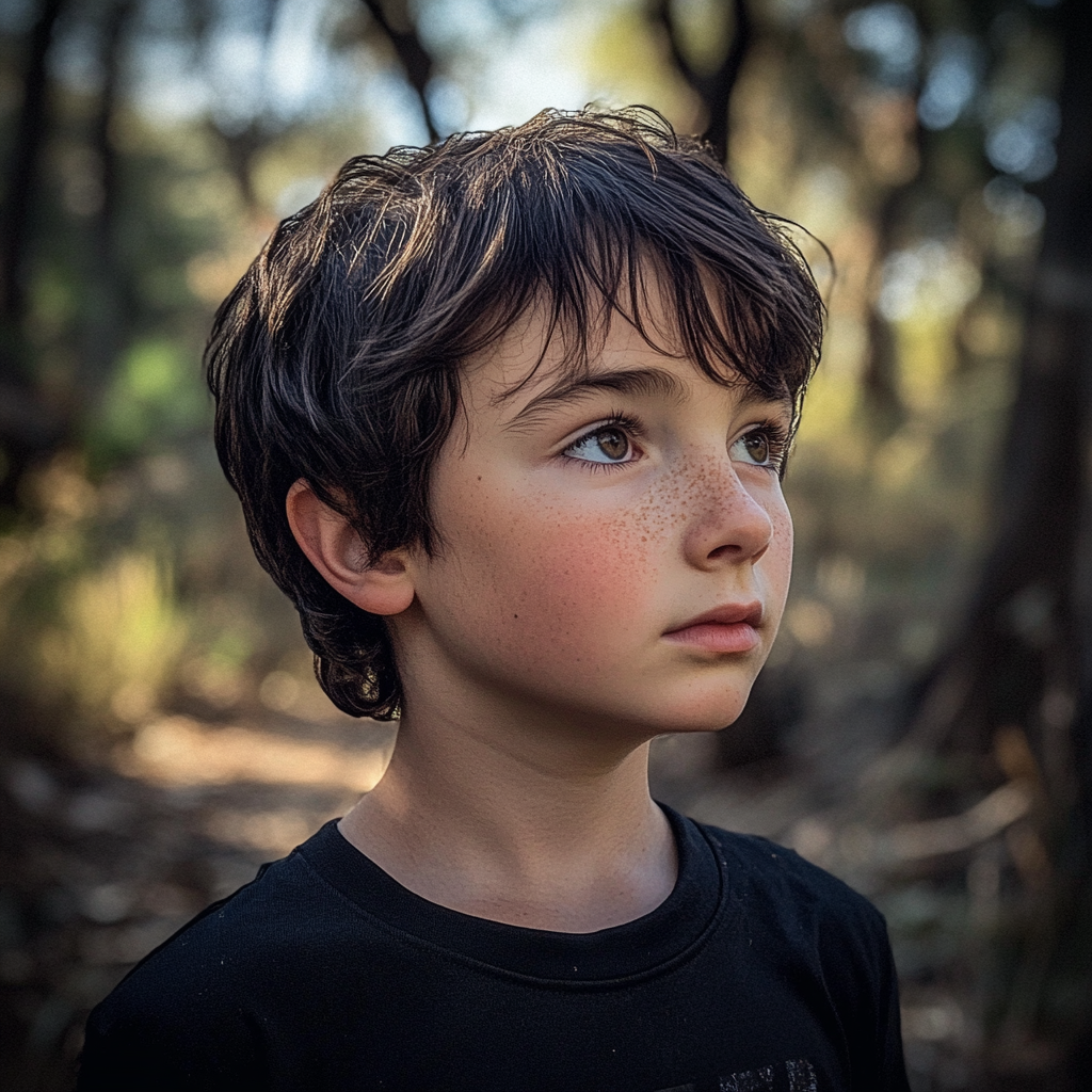 A boy standing in a forest | Source: Midjourney