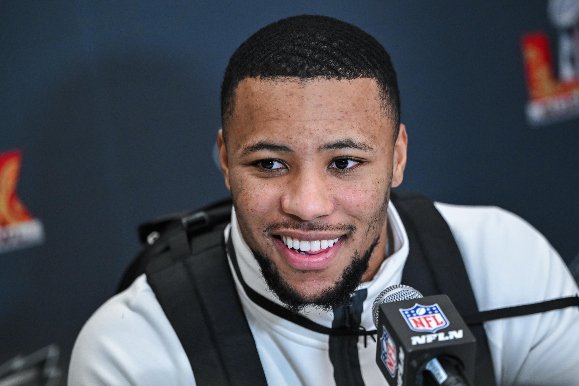 Saquon Barkley at a media conference at the Hilton New Orleans Riverside on February 5, 2025 | Source: Getty Images