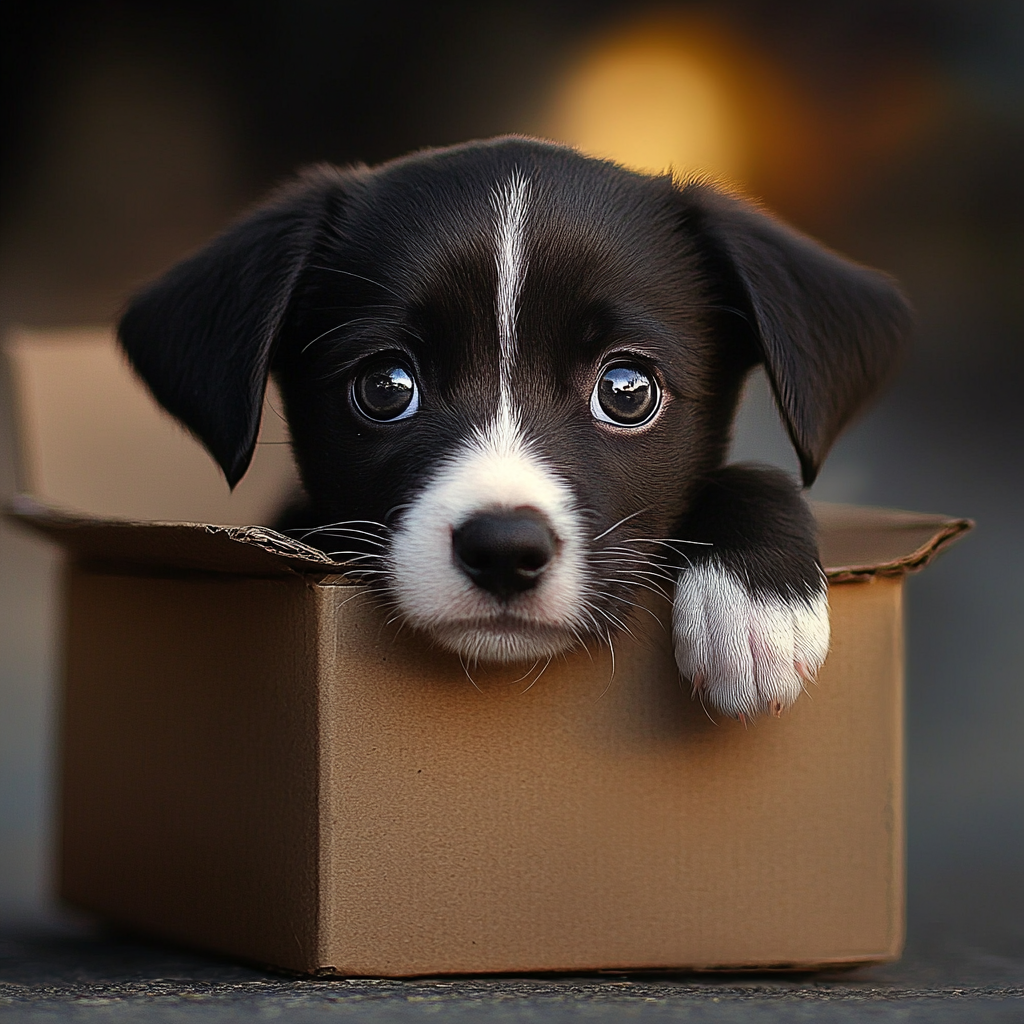 Un cachorrito triste abandonado en una caja de cartón al borde de la carretera | Fuente: Midjourney