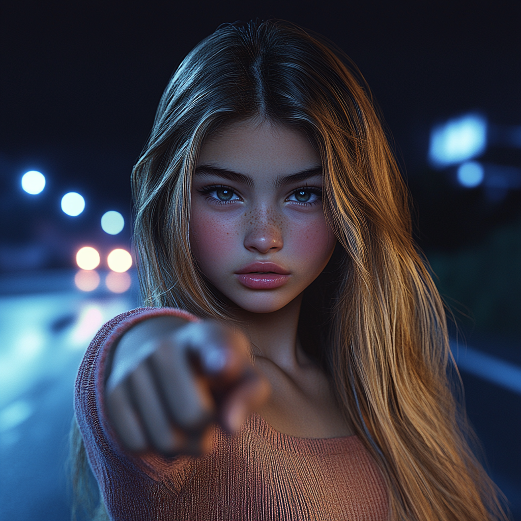 Night shot of a doubtful teenage girl standing on the road and pointing her finger at someone | Source: Midjourney