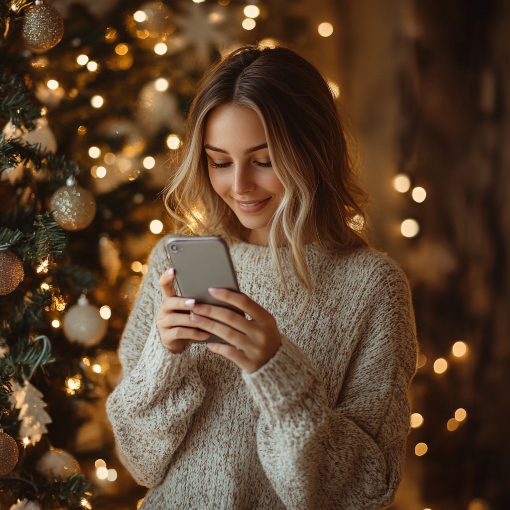 A smiling woman holding a phone | Source: Midjourney