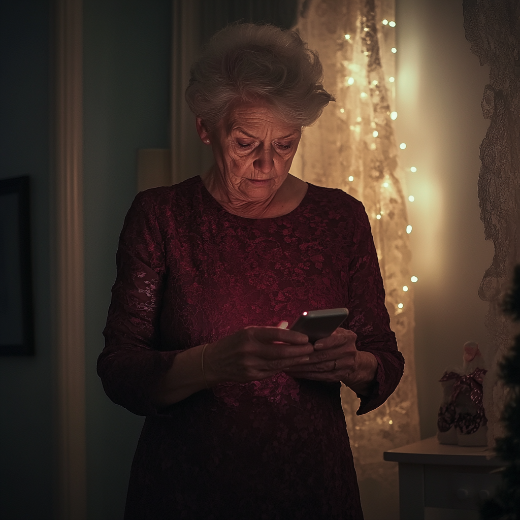 A concerned woman looking at her phone | Source: Midjourney