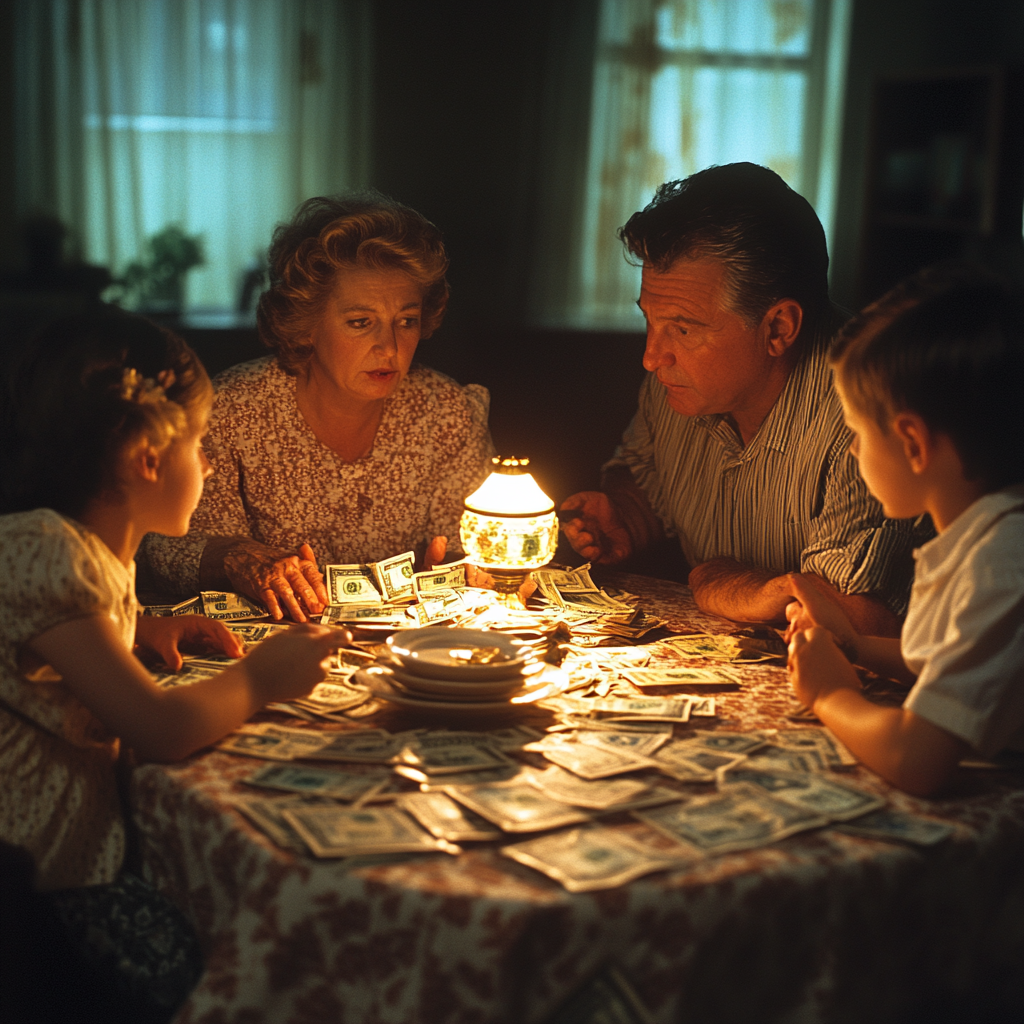 A family sitting around a table filled with money | Source: Midjourney