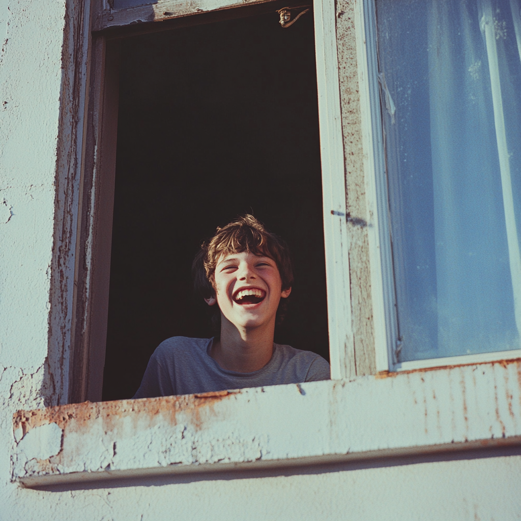 A teenager laughing from his window | Source: Midjourney