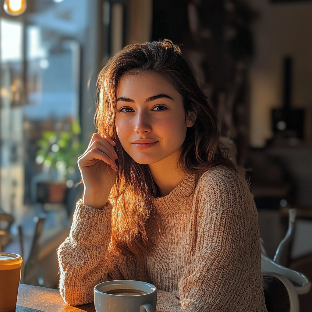 Woman smiling while enjoying a cup of coffee | Source: Midjourney