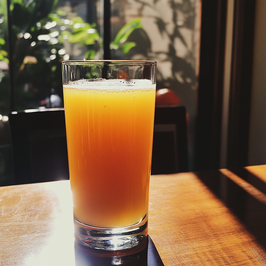 A glass of juice on a table | Source: Midjourney