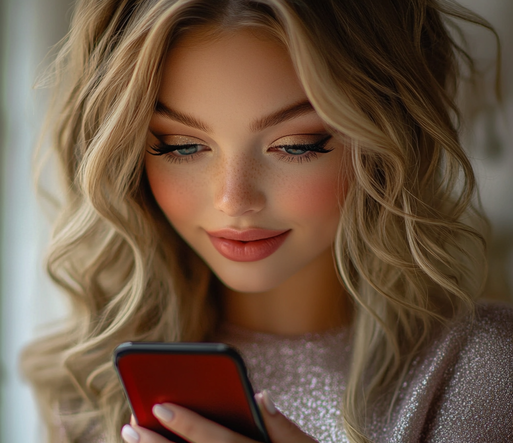 Kobieta patrzy na swój telefon i uśmiecha się | Źródło: Midjourney