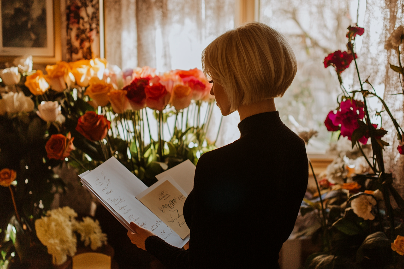 A woman surrounded by flowers looking at invitations | Source: Midjourney