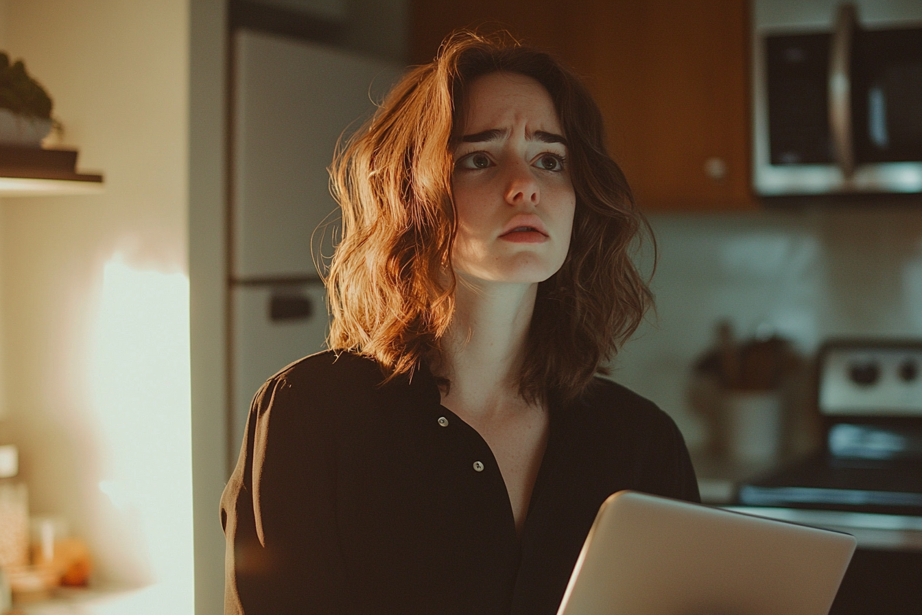 A worried woman in a kitchen holding a laptop | Source: Midjourney