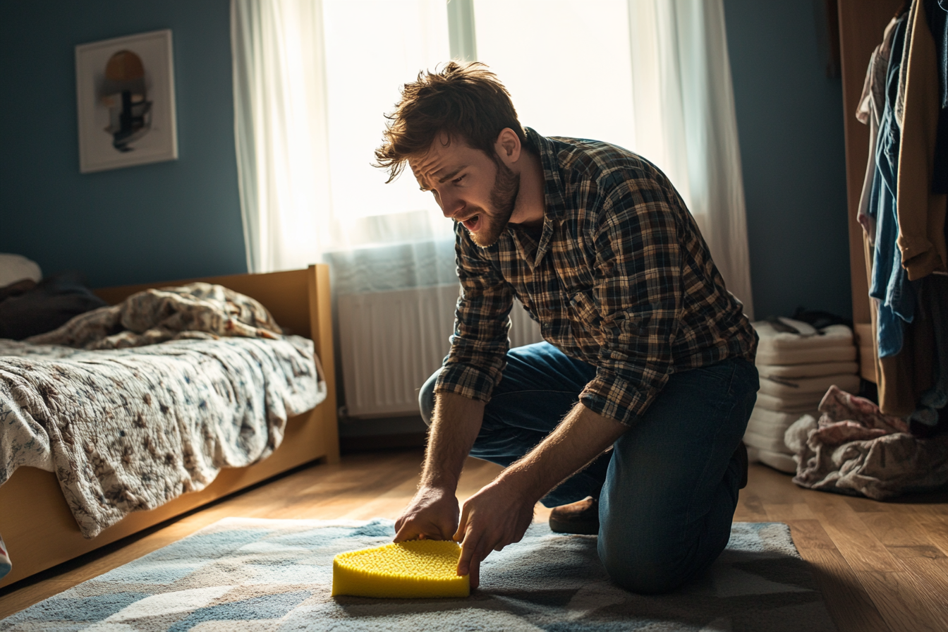 Un homme nettoie une tache sur un tapis | Source : Midjourney