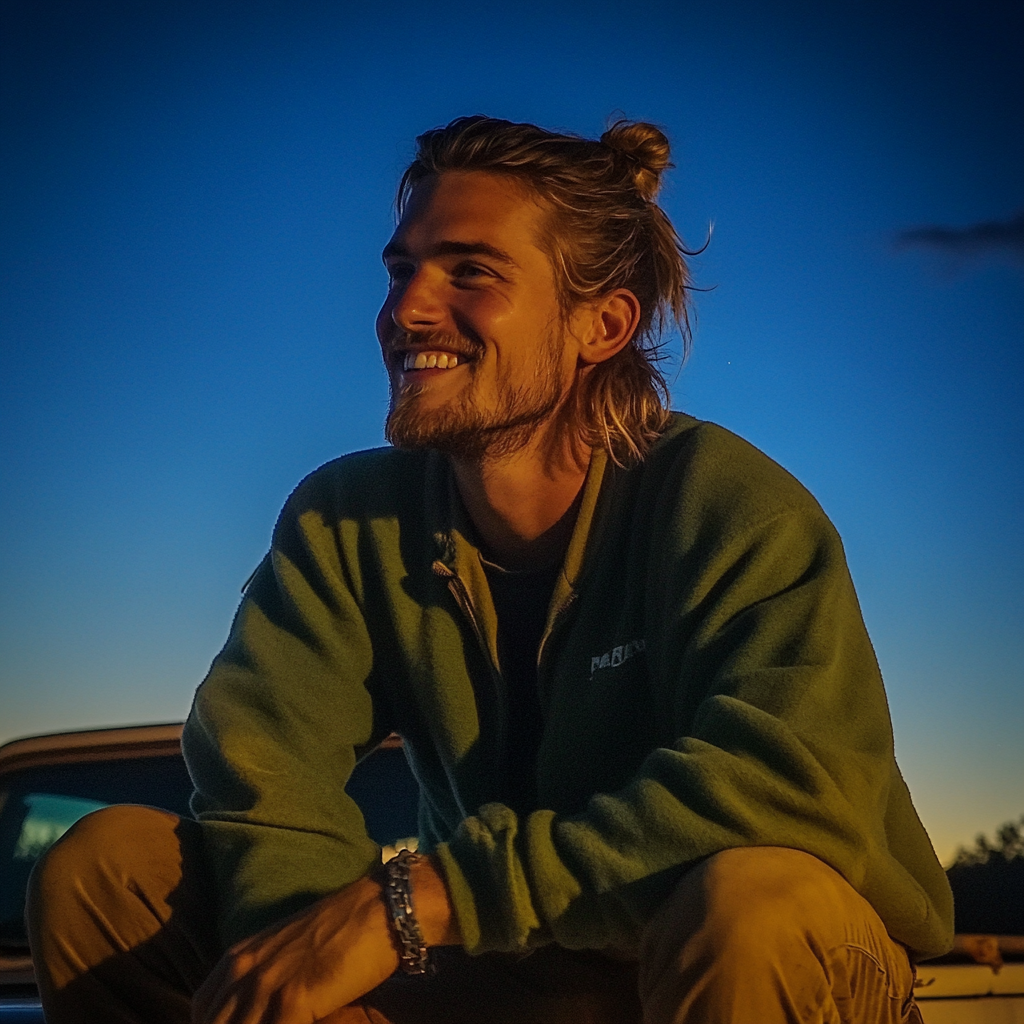 A man sitting on the hood of a pick-up truck | Source: Midjourney