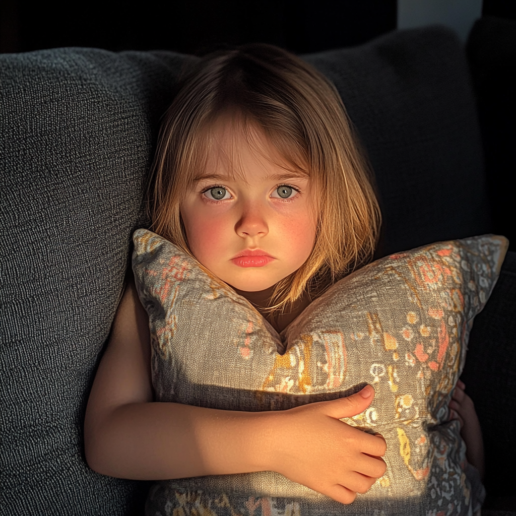 Une petite fille assise sur un canapé | Source : Midjourney