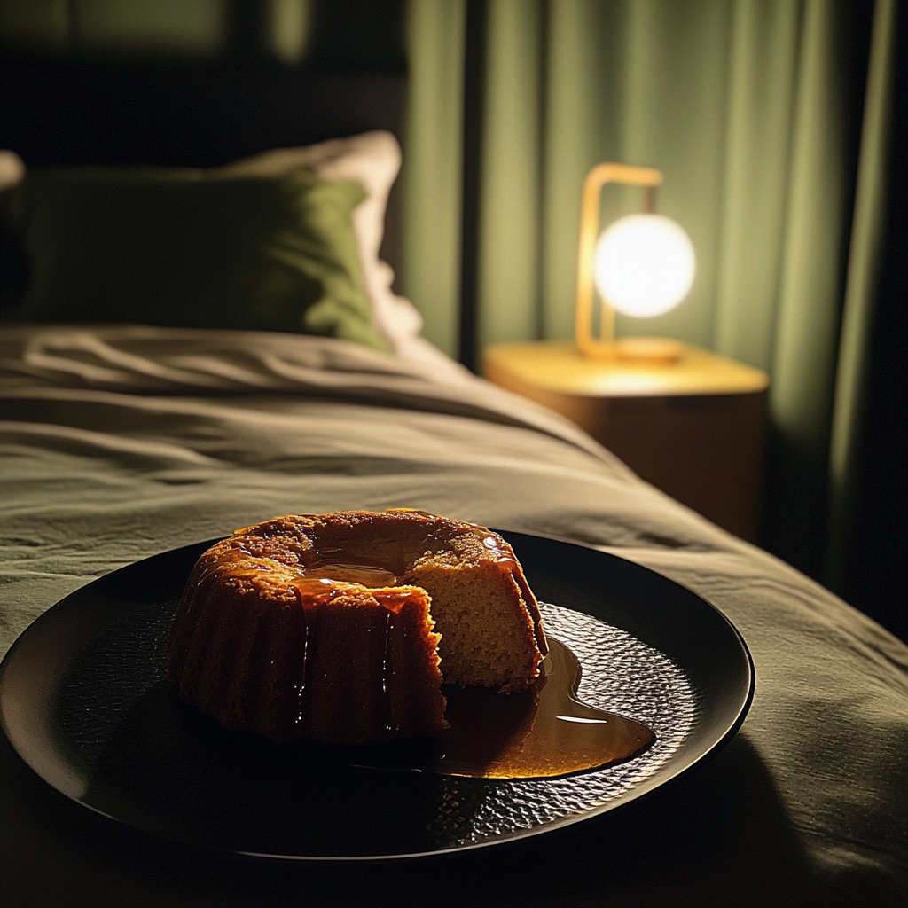 A ginger cake on a bed | Source: Midjourney