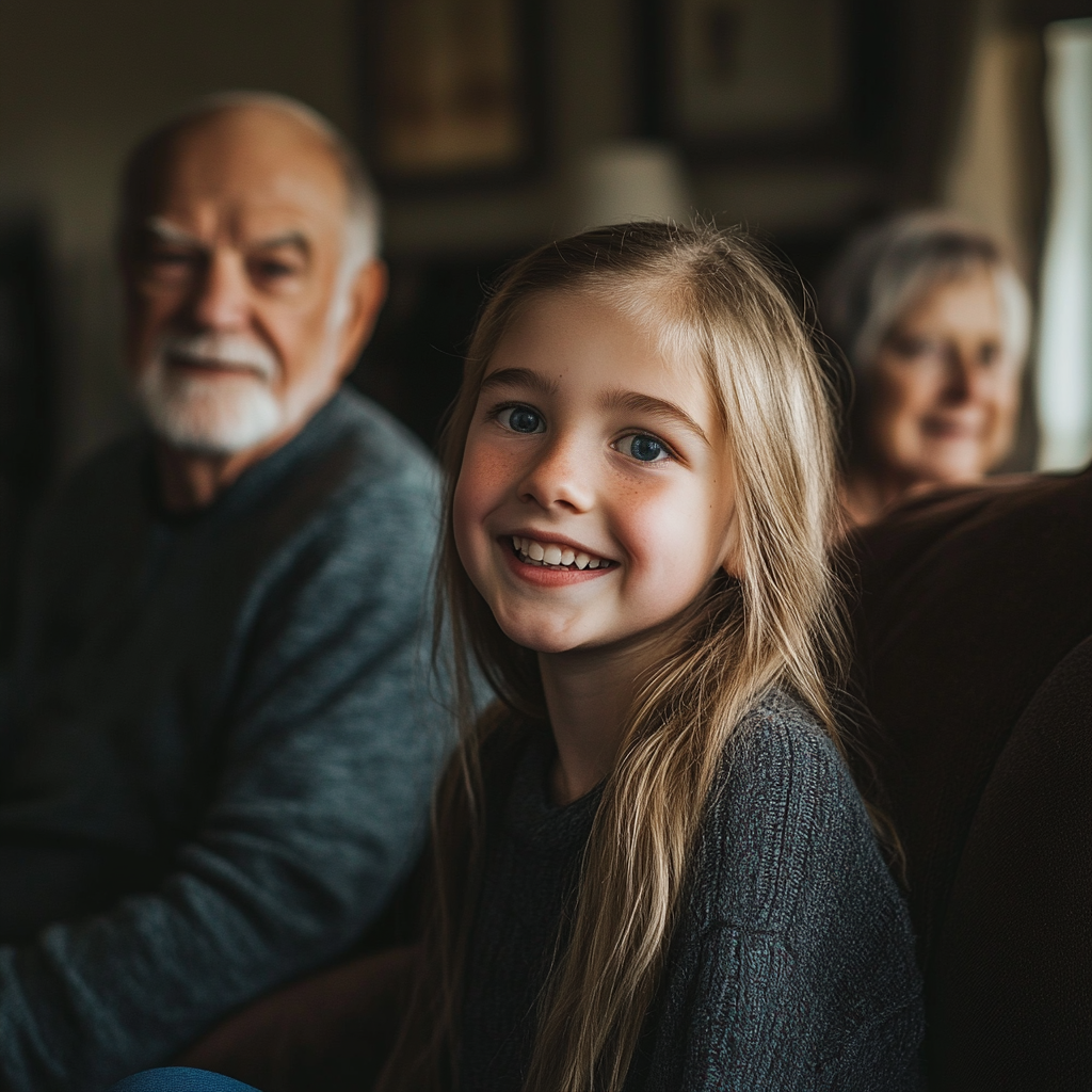 Uma menina feliz na frente dos avós | Fonte: Midjourney