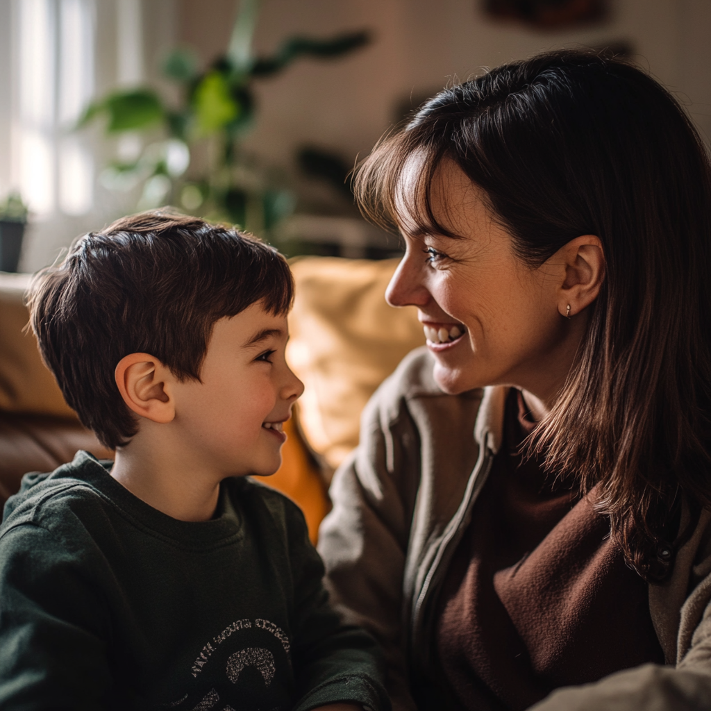 A grinning woman talking to her son | Source: Midjourney