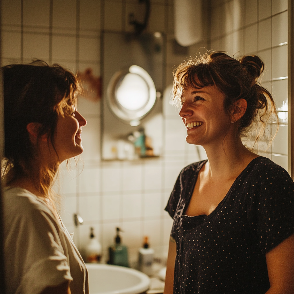 Two smiling women talking | Source: Midjourney