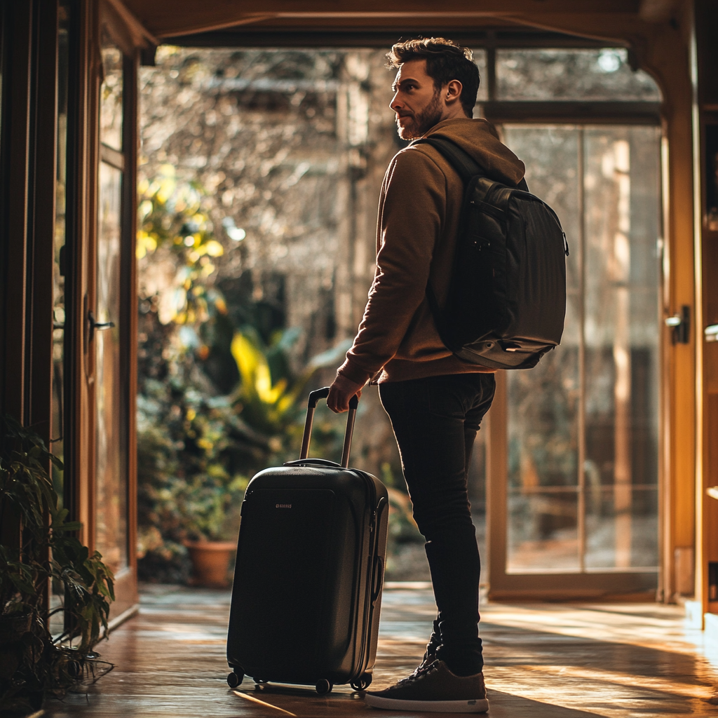 Un homme debout à côté de sa valise à l'intérieur de sa maison | Source : Midjourney