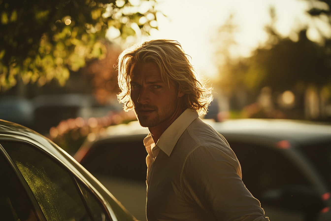 A worried blonde man in his 30s getting into a car | Source: Midjourney