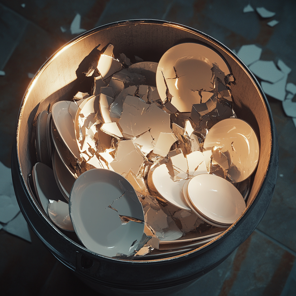 Close up shot of broken plates in a trashcan | Source: Midjourney