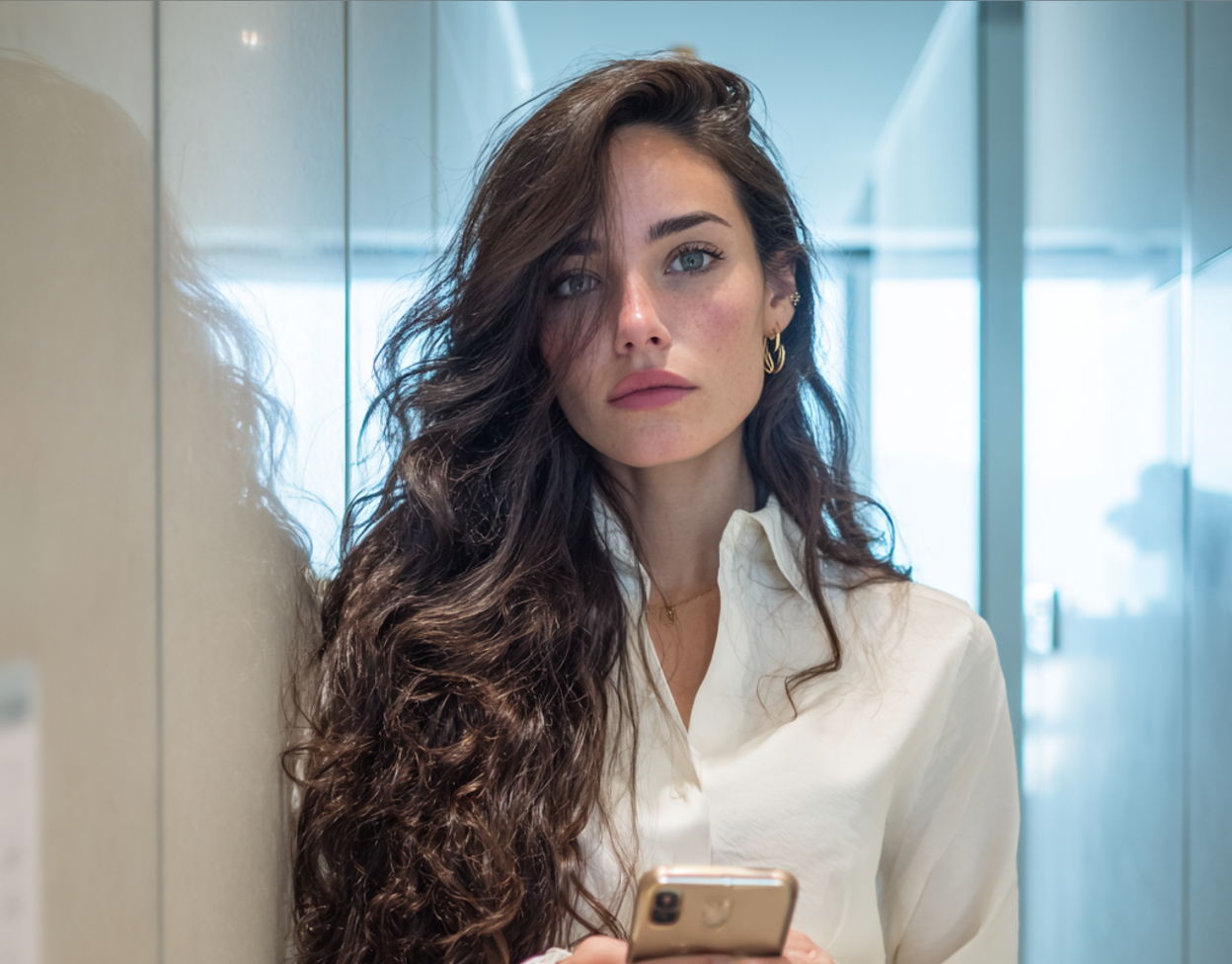 A pensive woman holding her cellphone | Source: Midjourney