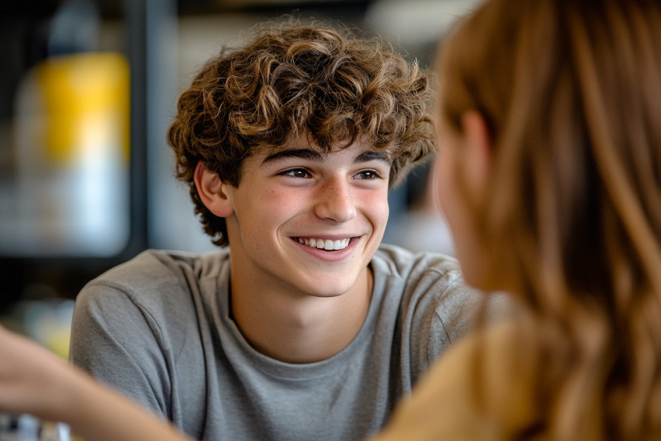 Two teenagers working together in a classroom | Source: Midjourney