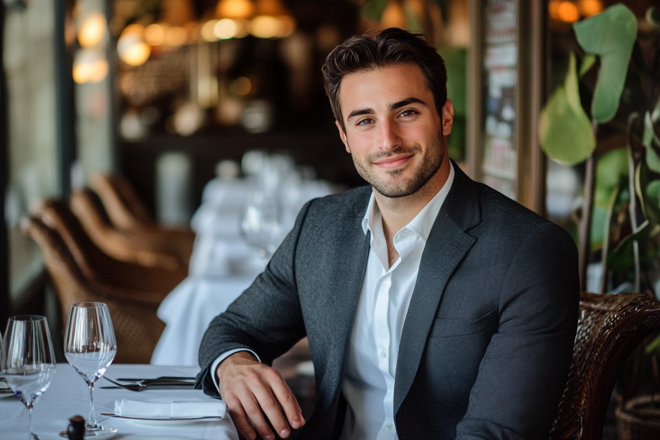 A man smiling faintly while seated at a table | Source: Midjourney