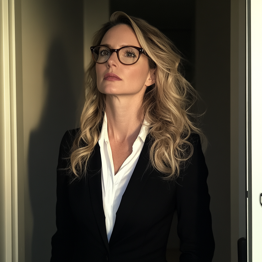 A pensive woman standing in an office doorway | Source: Midjourney