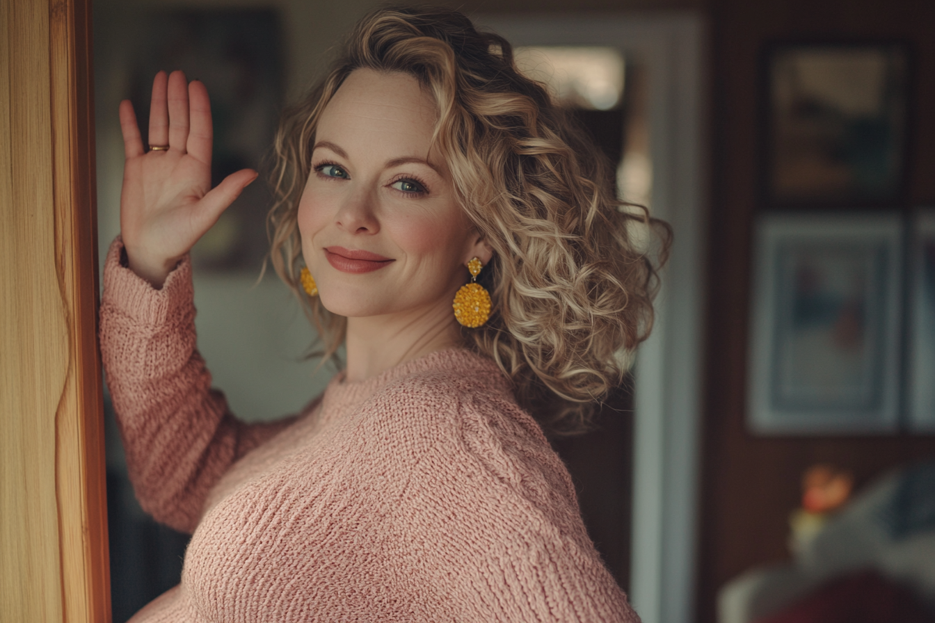 A pregnant woman in her 30s waving goodbye with a small smile | Source: Midjourney