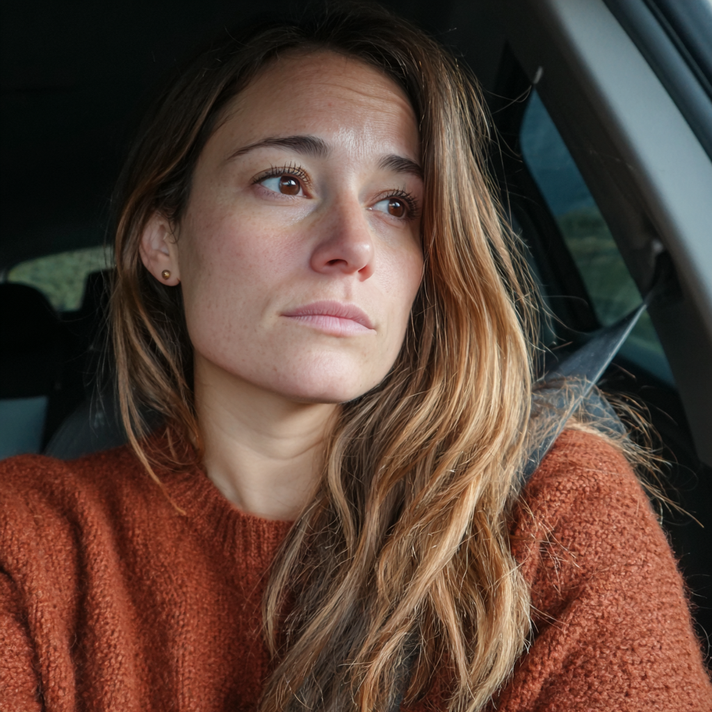 An upset woman driving a car | Source: Midjourney