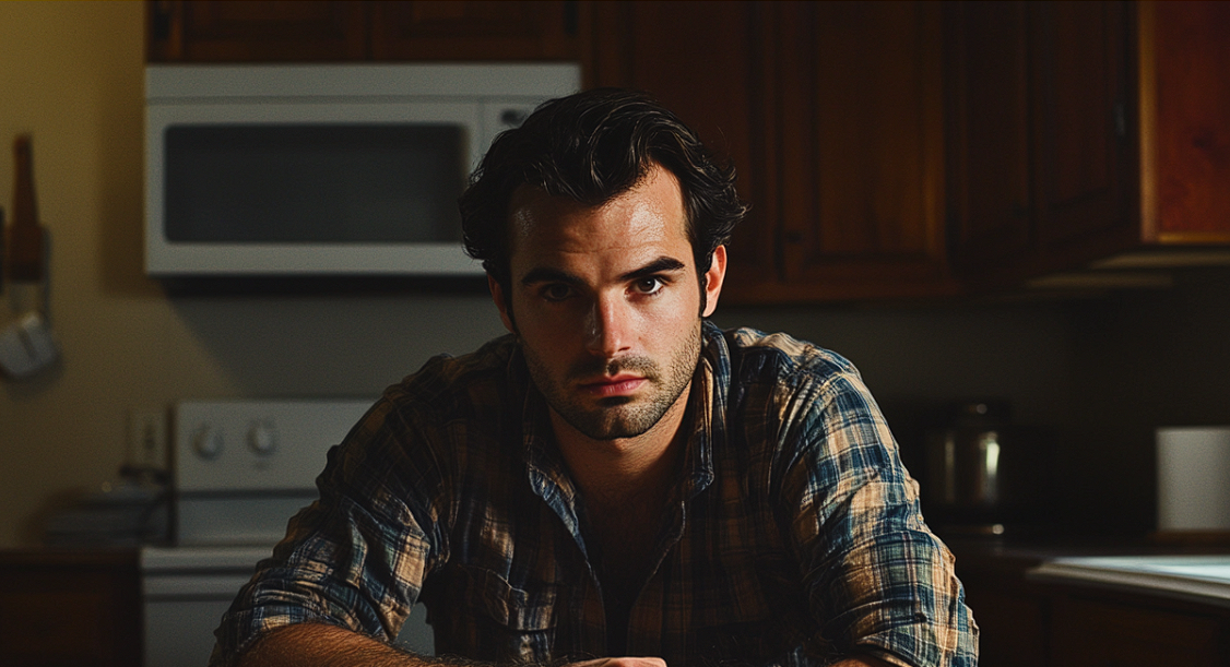 A serious man seated at a kitchen table | Source: Midjourney